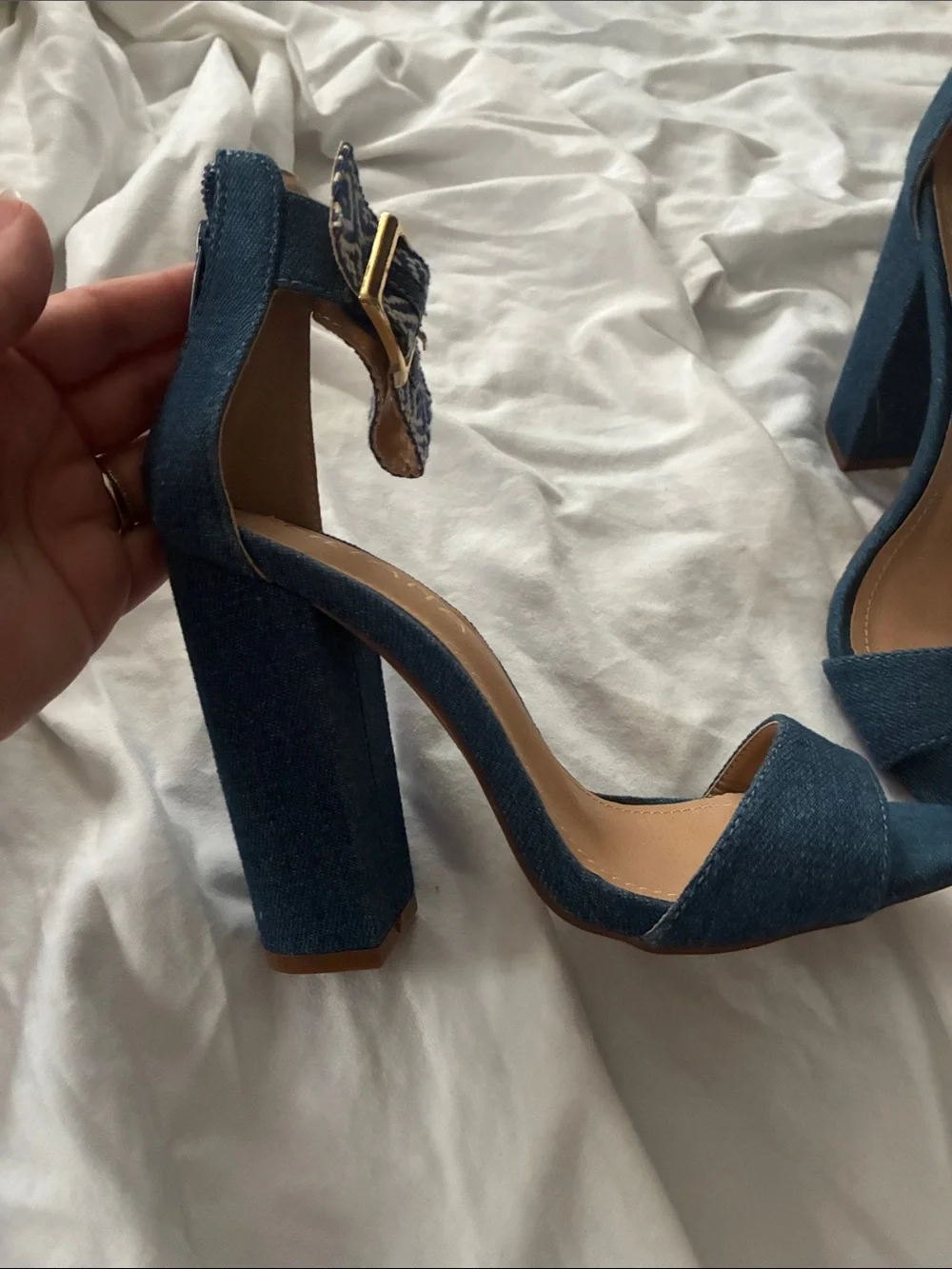 Liliana Blue Denim Block Heel Sandals with Patterned Ankle Strap